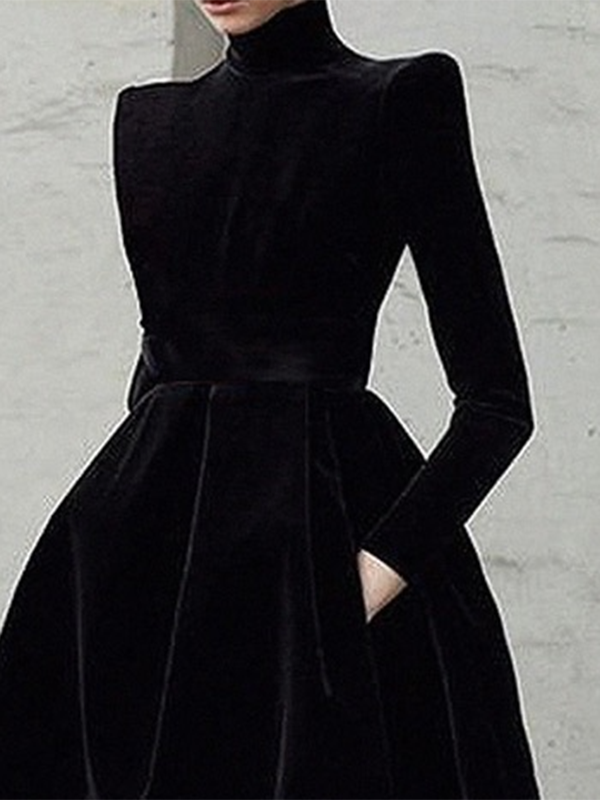 Langemouwen Skinny Effen Kleur Hoge Hals Midi Jurken