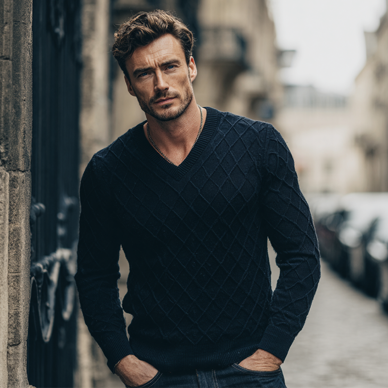 Heren trui met V-hals in effen kleur met ruitstructuur MTA1351H3X