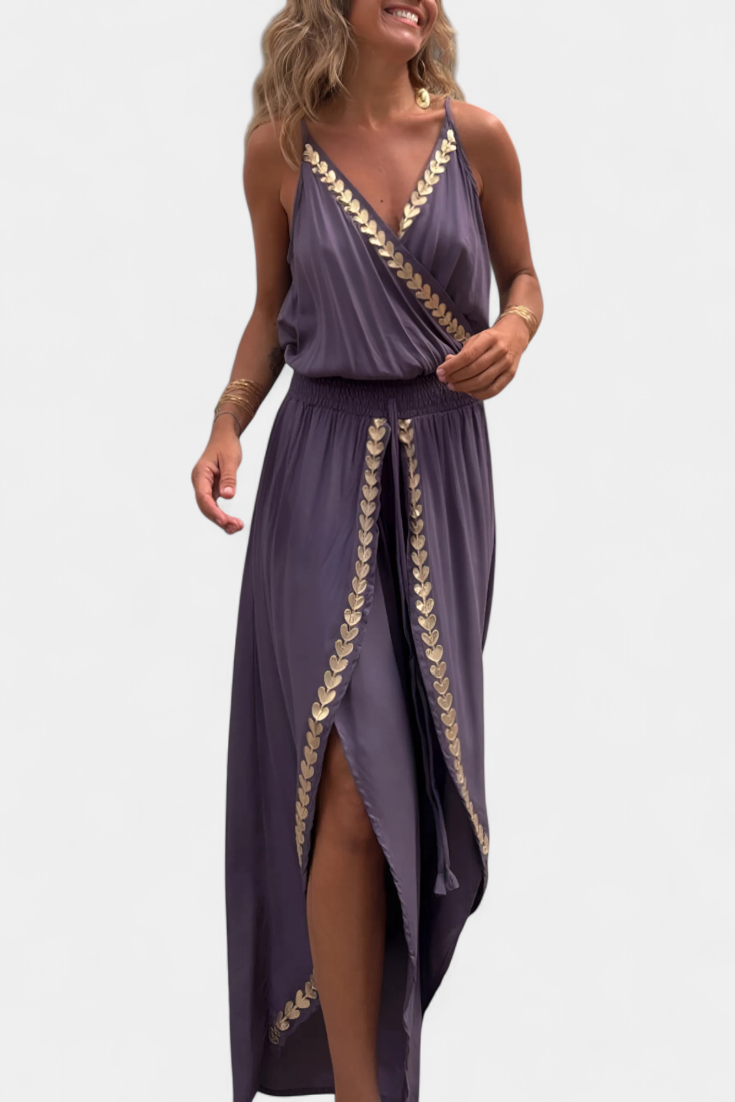Pola | Eendelig jumpsuit met gouden details en open pijpen