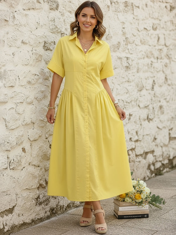 Losse Korte Mouwen Geplooide Effen Kleur Kraag Midi Jurken Overhemd Jurk