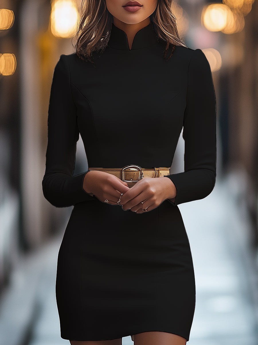 Elegante Witte Mandarin Kraag Jurk met Riem Ontwerp