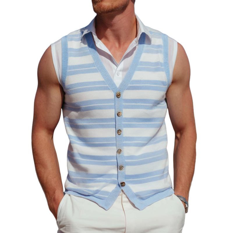 Herenmode: Gebreide vest met contrasterende strepen, smalle V-hals, enkelvoudig, slim fit (exclusief shirt) MTA0150G7M