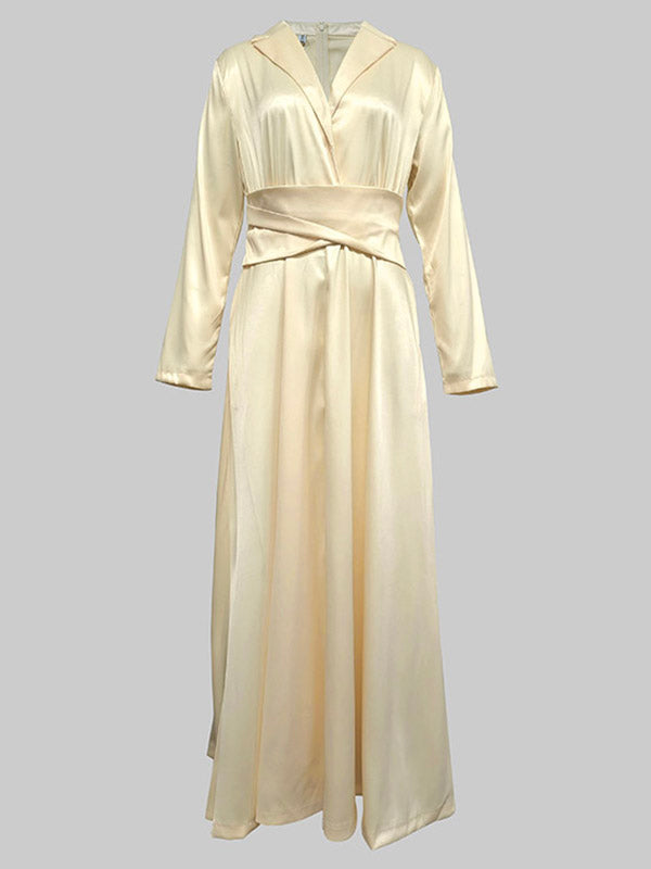 A-Lijn Hoge Taille Plissé Effen Kleur V-Hals Maxi Jurken