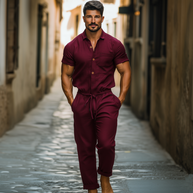 Heren Casual Ademend Katoenen-Linnen Overhemd met Kraag en Korte Mouwen MTA1395F0M