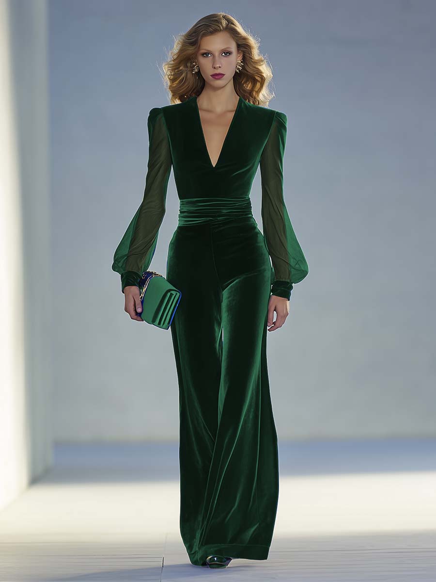 Vintage Elegante En Exquise V-hals Mesh Lange Mouwen Koninklijk Blauwe Fluwelen Jumpsuit