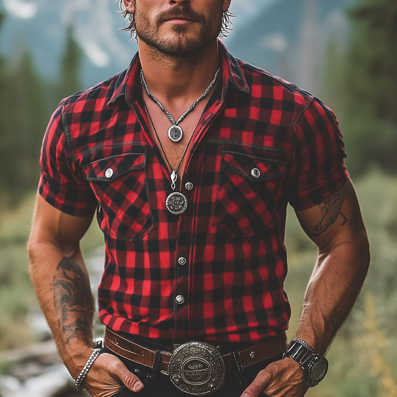 Heren zomer retro geruite shirt in rood-zwart met knopen en korte mouwen MTA2678E3U