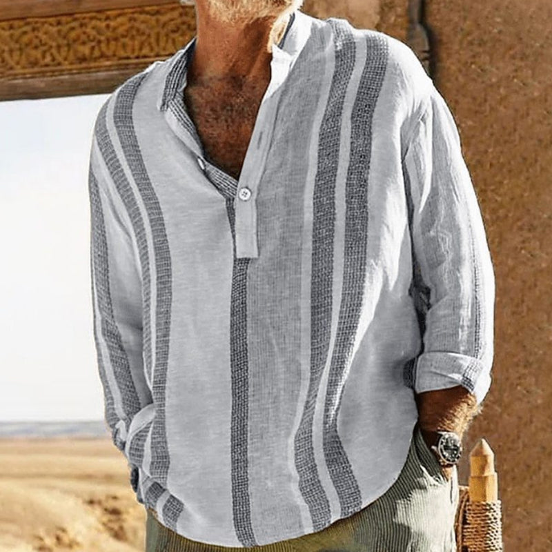 Heren linnen gestreepte shirt met V-hals 98320759X