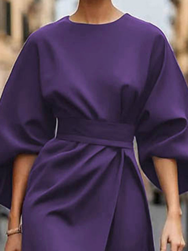 Losse Puff Mouwen Geplooide Effen Kleur Split-Joint Ronde Hals Midi Jurken