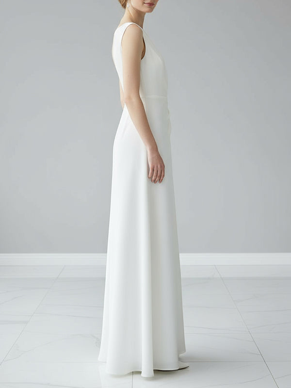 Mouwloze Gazen Plissé Effen Kleur Split-Joint Ronde Hals Avondjurken Maxi Jurken