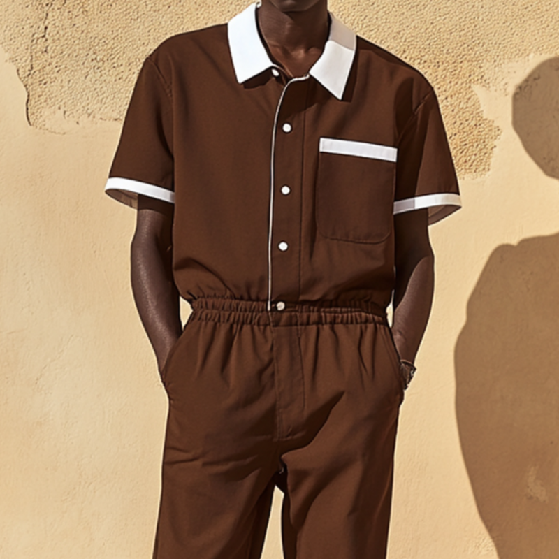 Heren Casual Katoenen Jumpsuit met Kleurrijke Blokken, met Kraag en Zakjes, Korte Mouwen, Slim MTA2694E2M