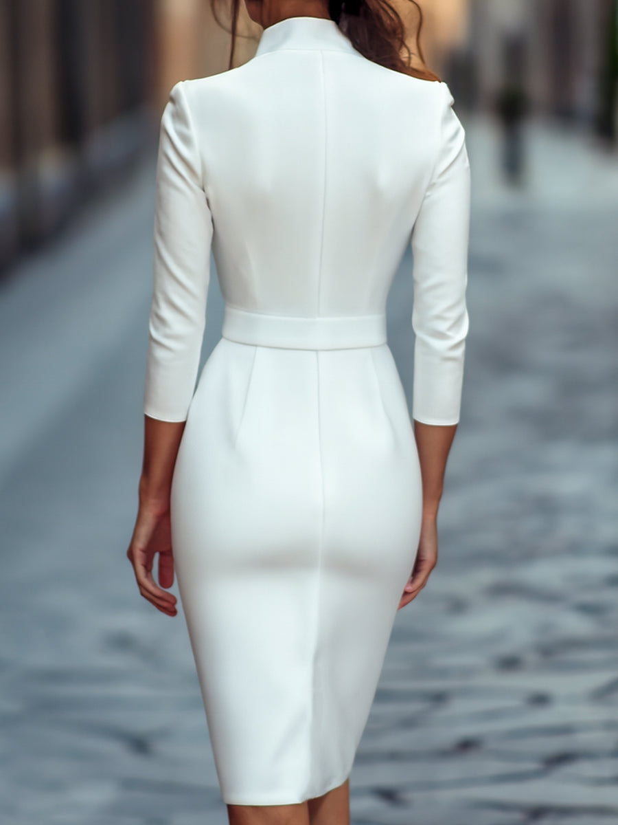 Verfijnde Zwarte Jurk met Ceintuur en Mandarin Kraag