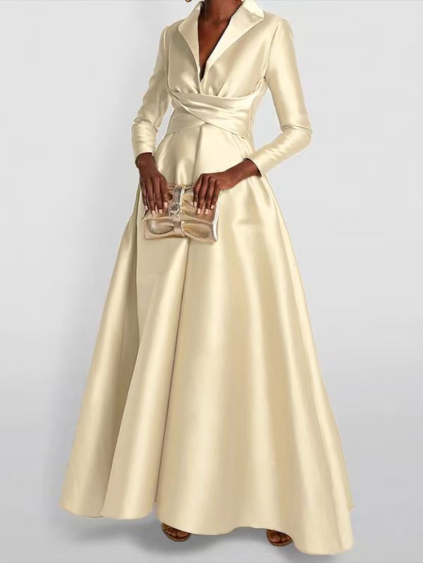 A-Lijn Hoge Taille Plissé Effen Kleur V-Hals Maxi Jurken