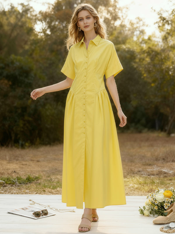 Losse Korte Mouwen Geplooide Effen Kleur Kraag Midi Jurken Overhemd Jurk