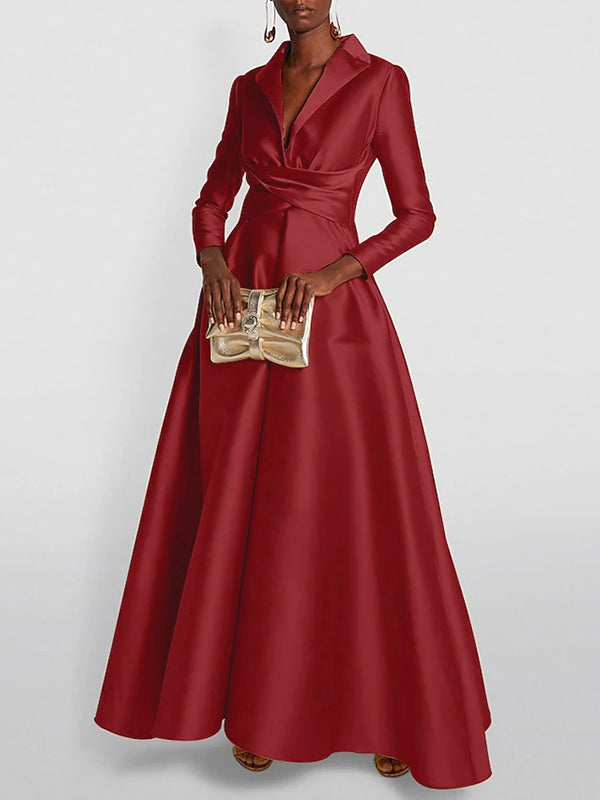 A-Lijn Hoge Taille Plissé Effen Kleur V-Hals Maxi Jurken