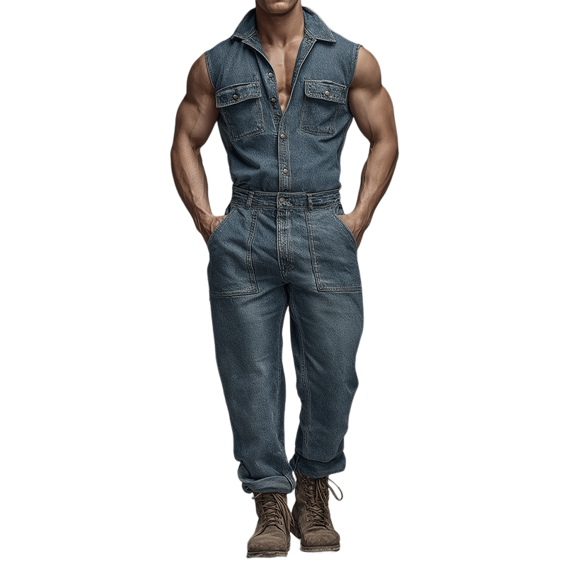 Heren Retro Casual Gewassen Jeans Mouwloos Vest met Kraag MTA0440H4TO