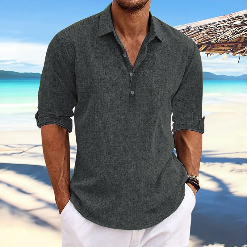 Heren Casual Pullover Shirt met Kraag, Linnen en Katoenen Mouwen, Lange Mouwen 41061054Y