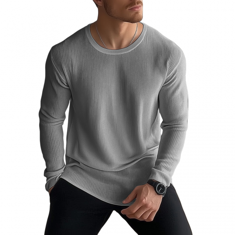 Heren Casual Effen Kleur Ademend Gebreid T-shirt Sweater met Ronde Hals Losse Lange Mouw MTA2184G6M