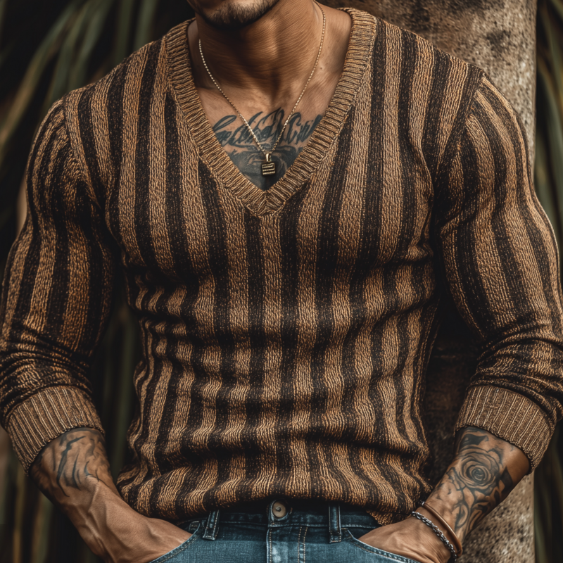 Heren Vintage Contrast Trui met Verticale Strepen V-hals Slim Fit MTA1877H4M