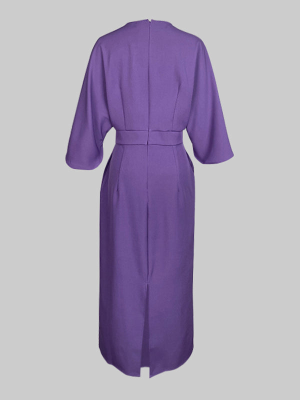 Losse Puff Mouwen Geplooide Effen Kleur Split-Joint Ronde Hals Midi Jurken