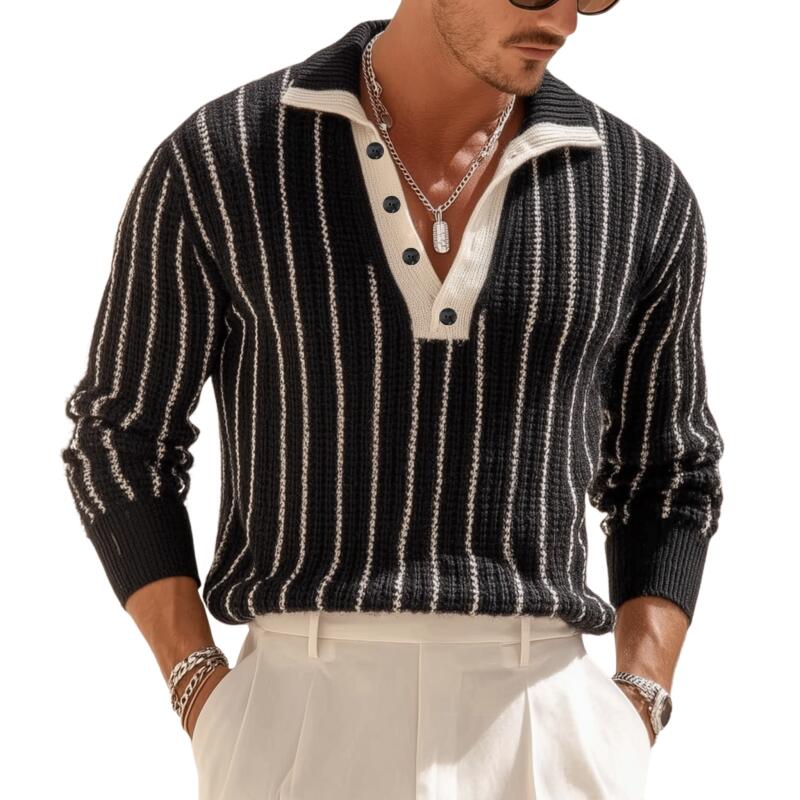 Heren Polo Sweater met Contrasterende Strepen, Ademend, Losse Pullover MTA2815H4M