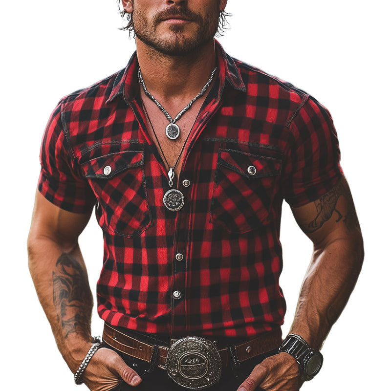 Heren zomer retro geruite shirt in rood-zwart met knopen en korte mouwen MTA2678E3U