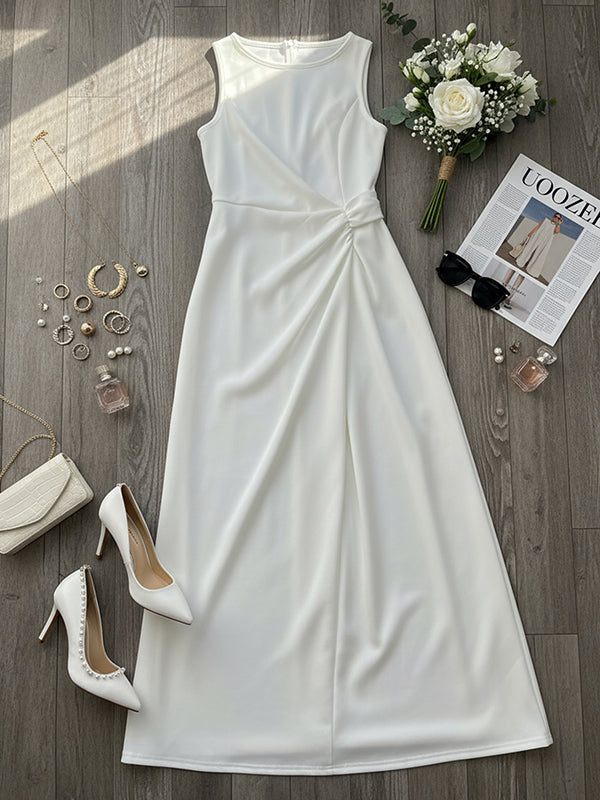 Mouwloze Gazen Plissé Effen Kleur Split-Joint Ronde Hals Avondjurken Maxi Jurken