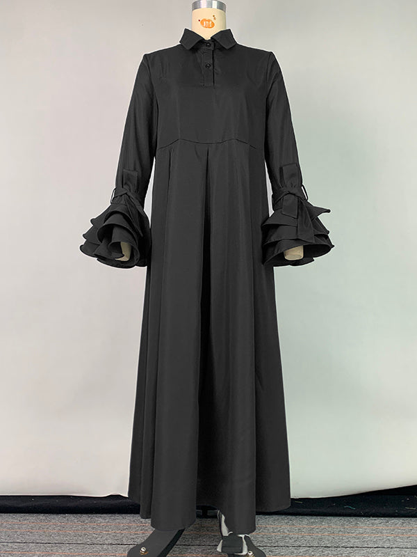 Uitlopende Mouwen Geplooide Effen Kleur Split-Joint Kraag Maxi Jurken Overhemd Jurk