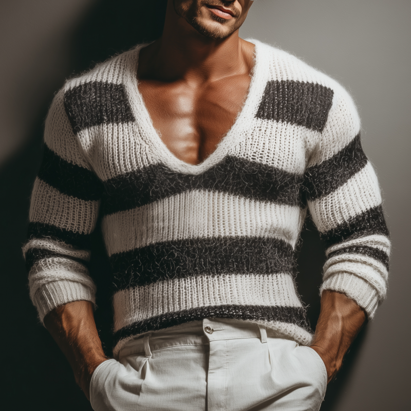 Heren Casual Sweater met Diepe V-hals in Contrasterende Strepen Slim Fit met Lange Mouwen MTA3152G3M