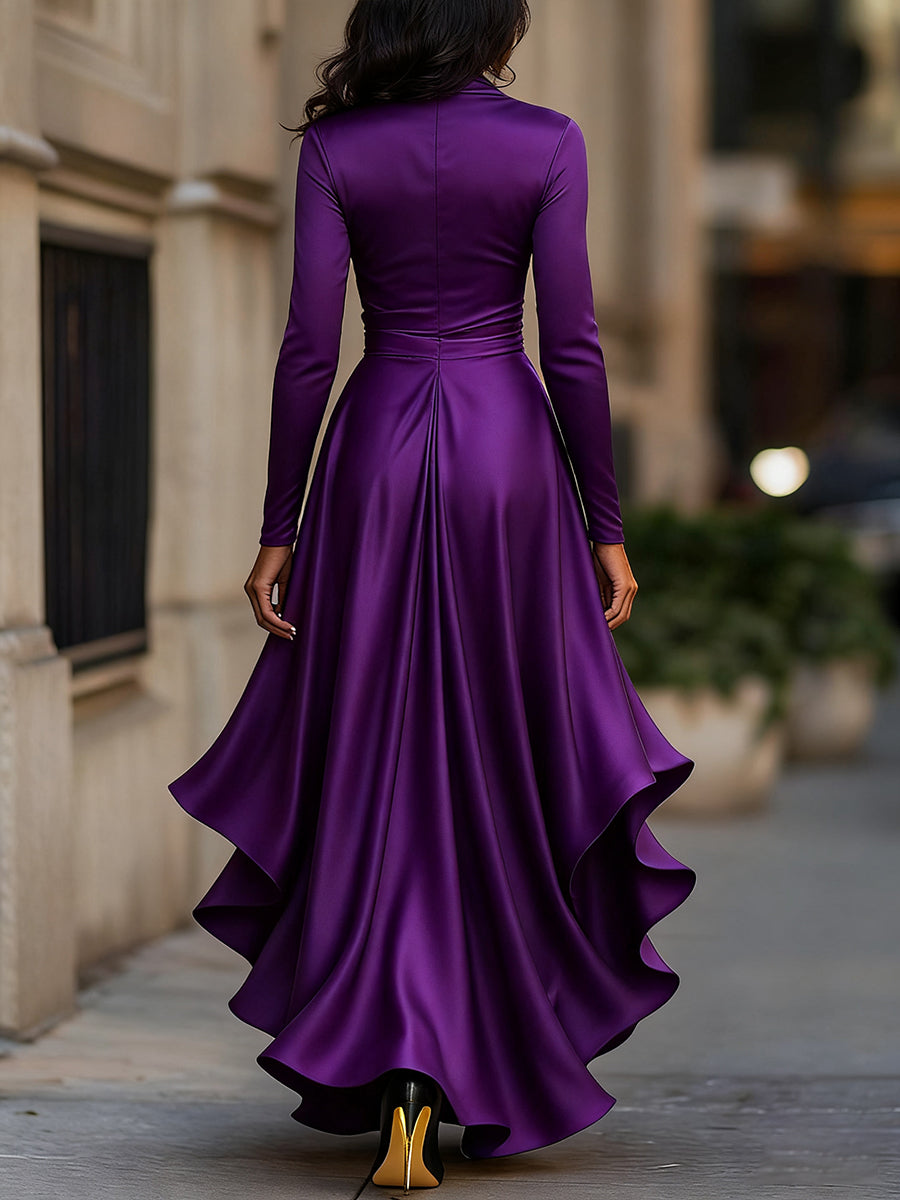 Middernachtblauwe Draped Satijnen Maxi-jurk met Ruffle Details