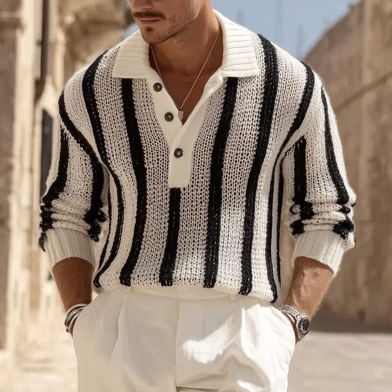 Heren vintage trui met contrasterende strepen, ademend, met polo, losvallend, MTA2831H1M