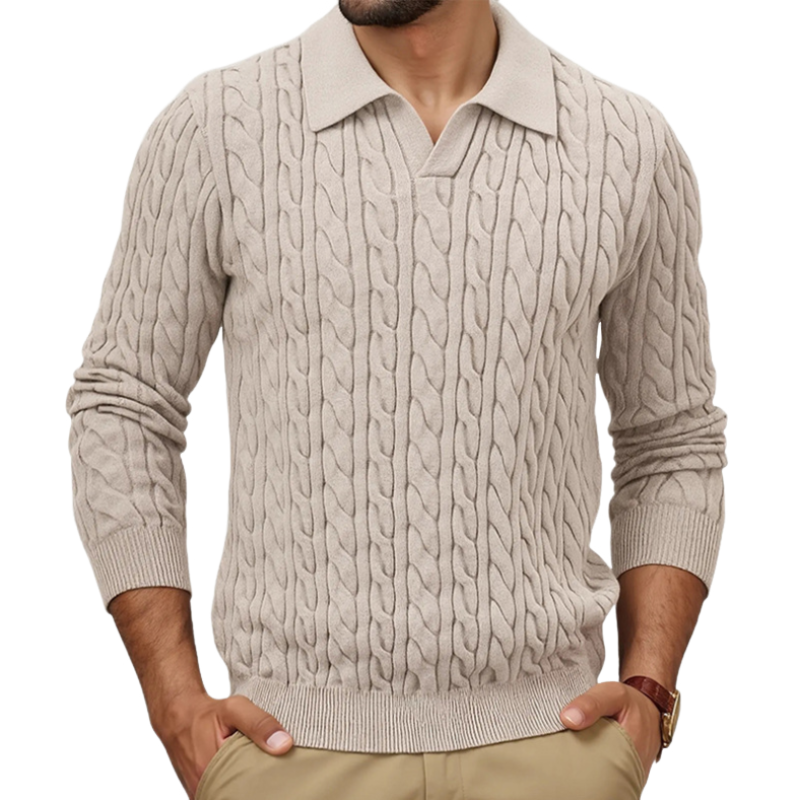 Heren vintage trui met effen kleur, polo met kraag, enkelrij, slim fit, kabelbreiwerk MTA1196H9M