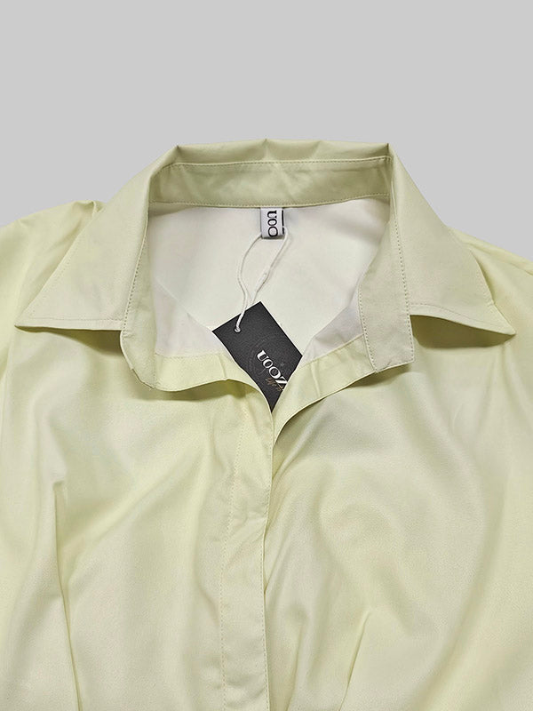 Lange Mouwen Losse Bloemige Gedrukte Plissé Split-Joint Vastgebonden Taille Kraag Midi Jurken Overhemd Jurk