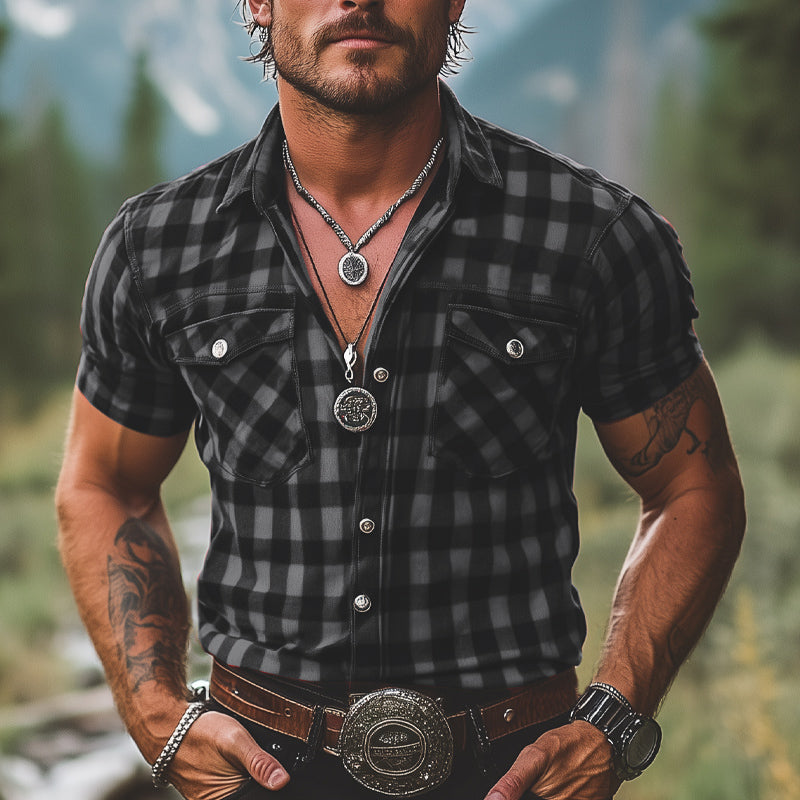 Heren zomer retro geruite shirt in rood-zwart met knopen en korte mouwen MTA2678E3U