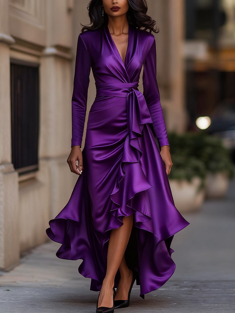 Middernachtblauwe Draped Satijnen Maxi-jurk met Ruffle Details