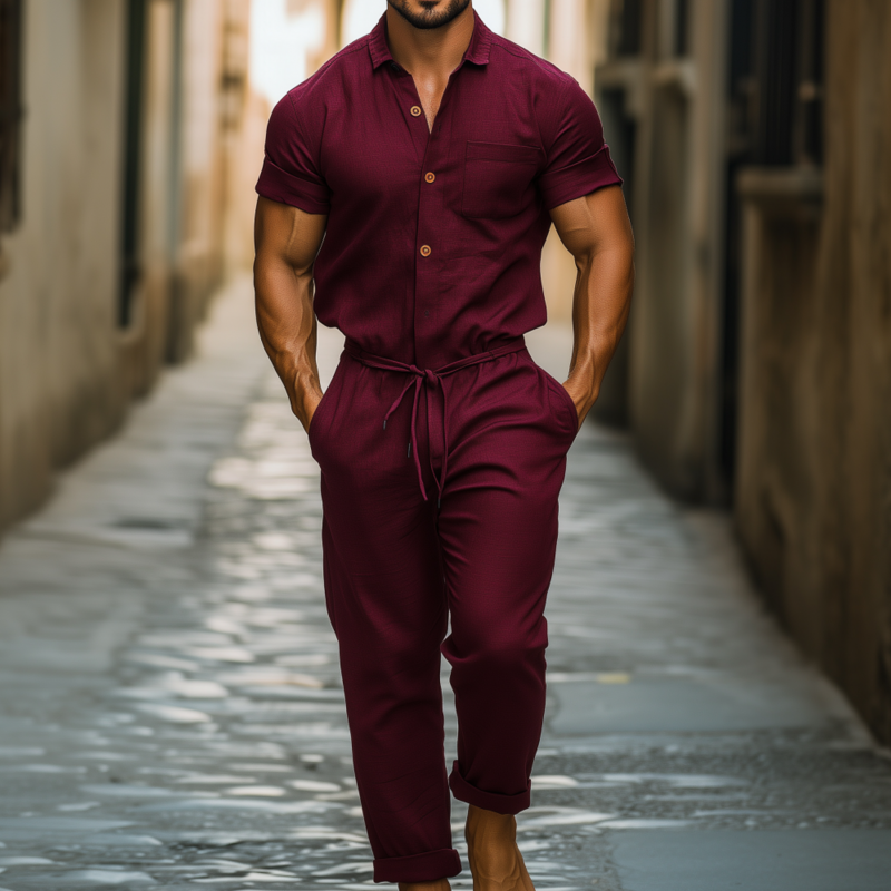 Heren Casual Ademend Katoenen-Linnen Overhemd met Kraag en Korte Mouwen MTA1395F0M