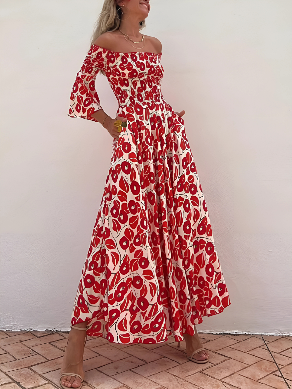 Alina | Maxi Jurk met Ontblote Schouders en Boho Charme