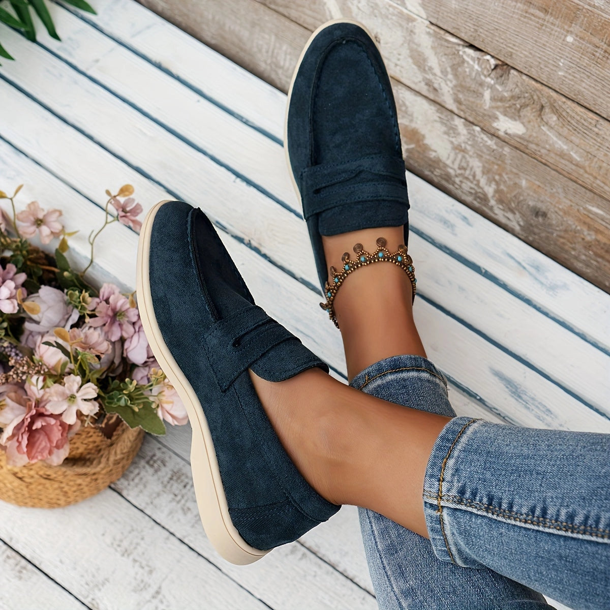 Donkerblauwe suède loafers - Elegante en comfortabele dames instappers