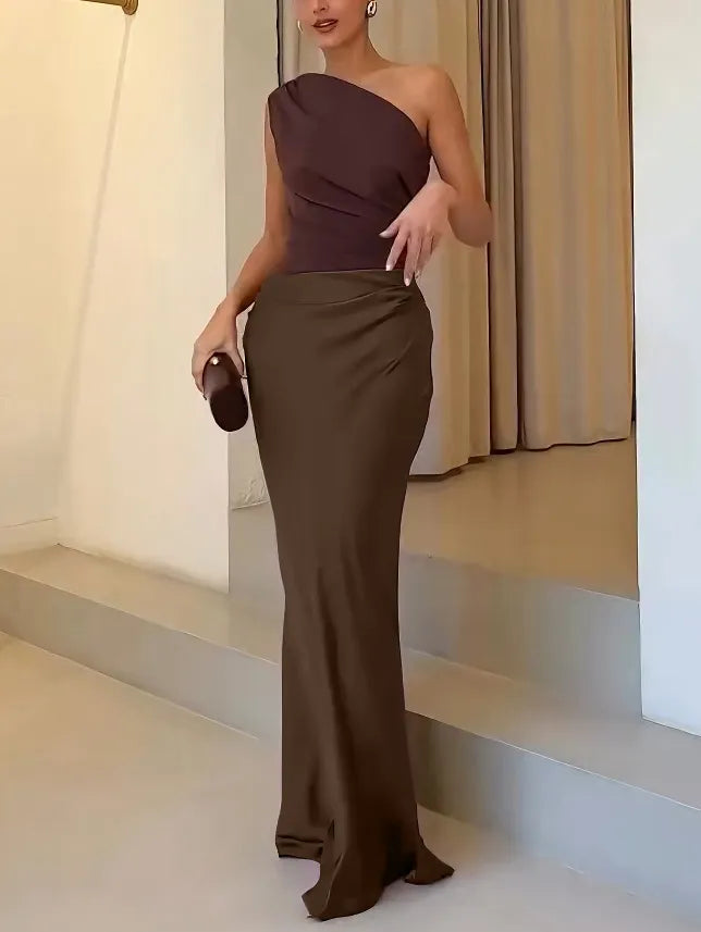 Elegante One Shoulder Nek Plissé Feest Maxi Jurk