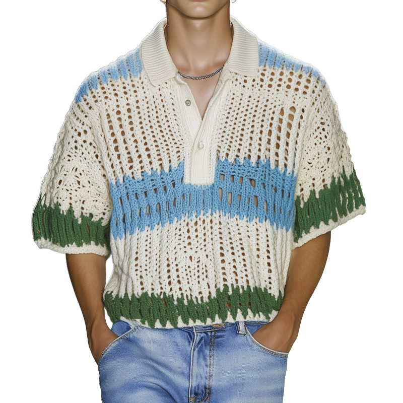 Heren casual polo t-shirt met contrasterende strepen, los, korte mouw, MTA1038F9M