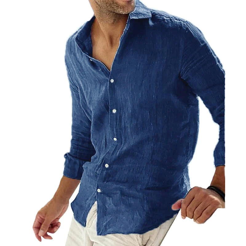 Heren Casual Effen Overhemd met Linnen Kraag, Ademend, Lange Mouwen 78653851Y