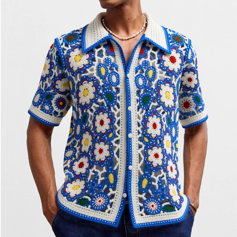 Heren gebreide bloemen jacquard shirt met korte mouwen MTA0556F8X