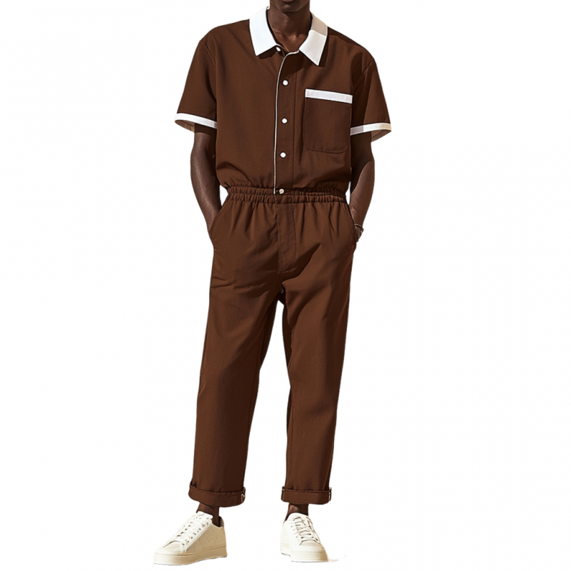 Heren Casual Katoenen Jumpsuit met Kleurrijke Blokken, met Kraag en Zakjes, Korte Mouwen, Slim MTA2694E2M