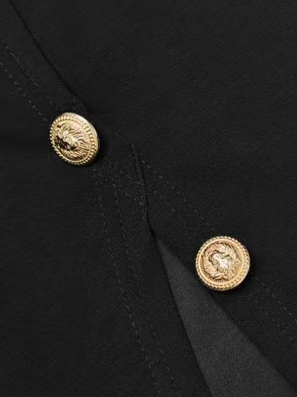 Losse Puff Mouwen Knop Split-zijde Mock Nek Maxi Jurken