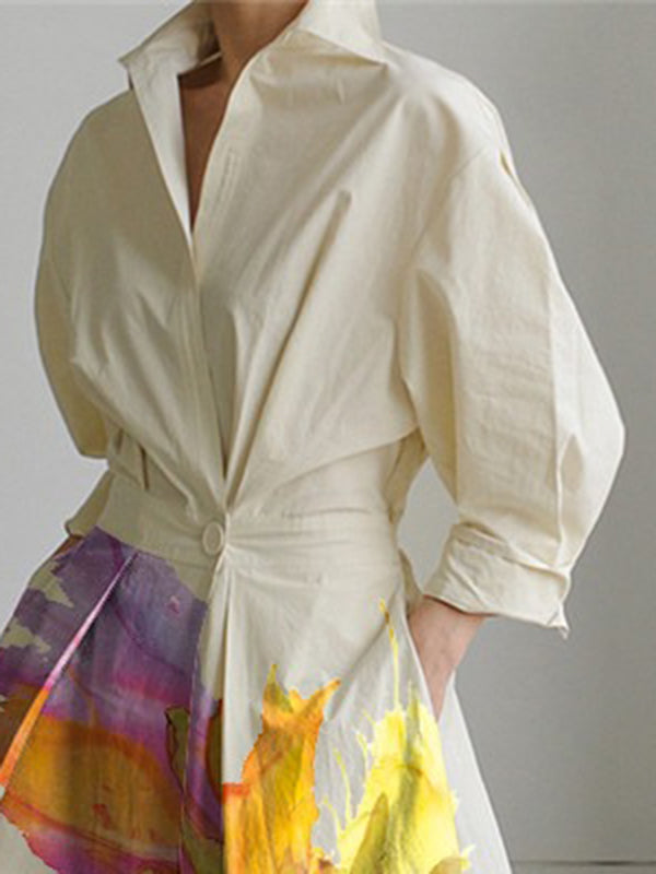 Lange Mouwen Losse Bloemige Gedrukte Plissé Split-Joint Vastgebonden Taille Kraag Midi Jurken Overhemd Jurk