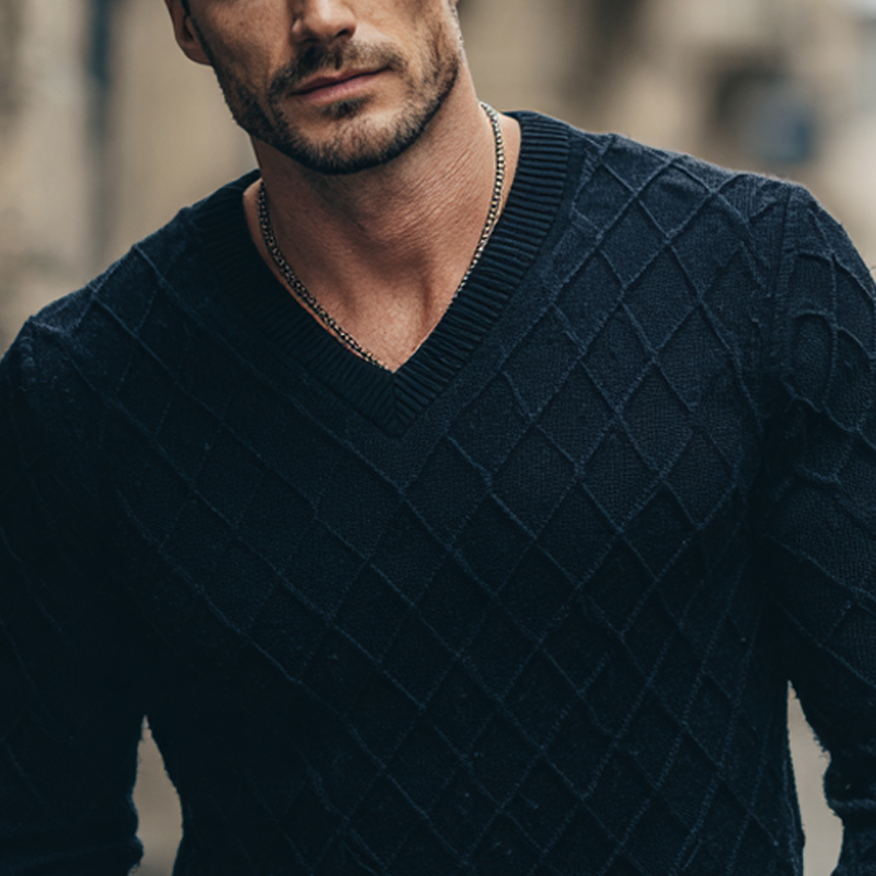 Heren trui met V-hals in effen kleur met ruitstructuur MTA1351H3X