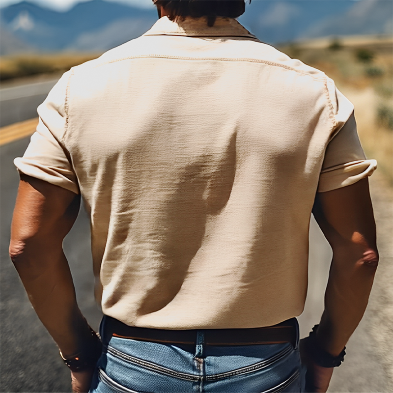 Heren Zomerblouse in Klassiek Retro Stijl met Borduursel van Katoen en Linnen met Korte Mouwen MTA2807D7K