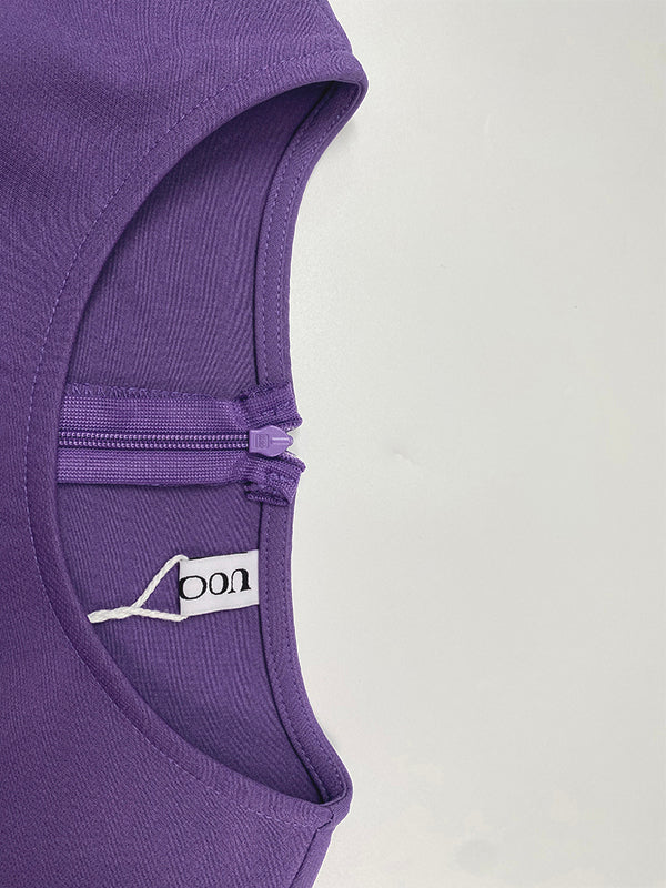 Losse Puff Mouwen Geplooide Effen Kleur Split-Joint Ronde Hals Midi Jurken