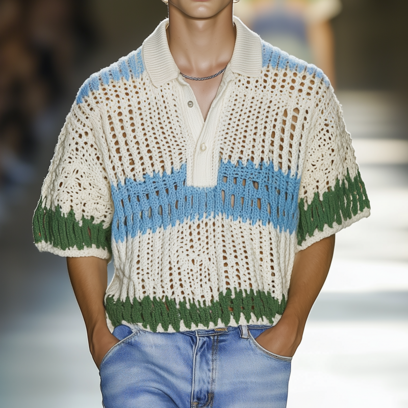 Heren casual polo t-shirt met contrasterende strepen, los, korte mouw, MTA1038F9M