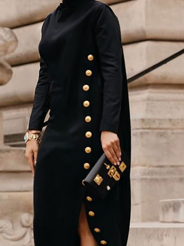 Lange Mouwen Losse Asymmetrische Geknoopte Split-Joint Split-Zijde Mock Neck Maxi Jurken