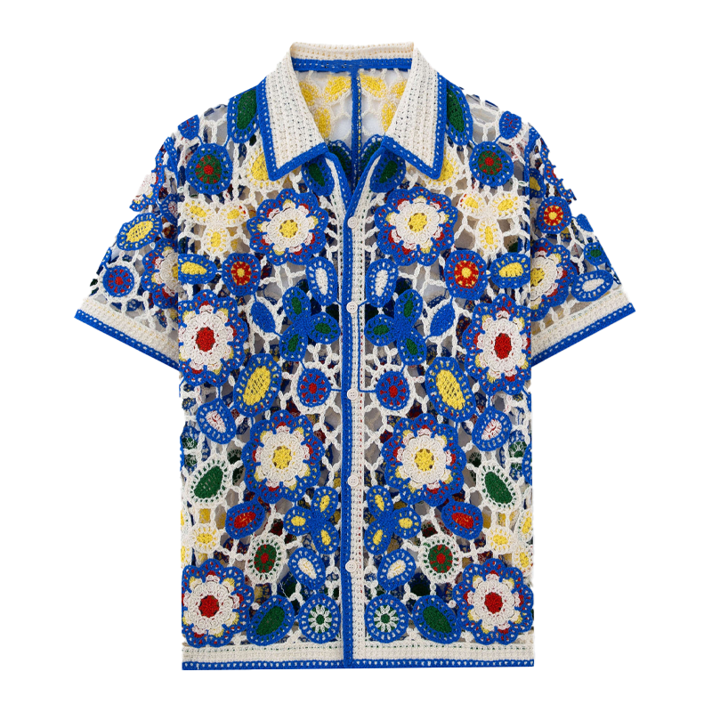 Heren gebreide bloemen jacquard shirt met korte mouwen MTA0556F8X